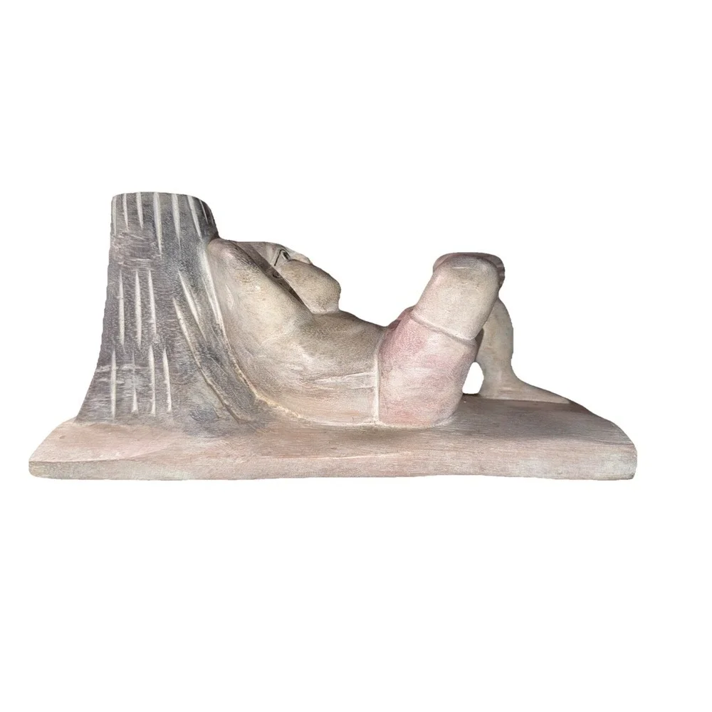 Vintage Carved Wood Figurine Asian Man Good Luck Candle Flower Holder Tabletop - Picture 3 of 8